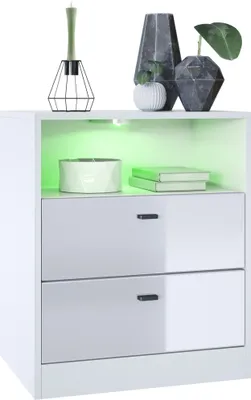 Produktbild von Vladon Kommode Pino V1,  Germany, Nachttisch mit 2 Schubladen & 1 offenem Fach, Weiß matt/Weiß Hochglanz mit LED RGB (56 x 67,5 x 36 cm)