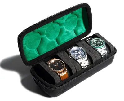 Immagine prodotto di Custodia per orologi da viaggio - Rigida - 3 scomparti - Nero con fodera verde