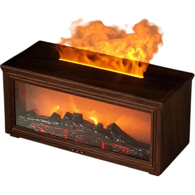 A decorative electric fireplace with simulated flames and logs.