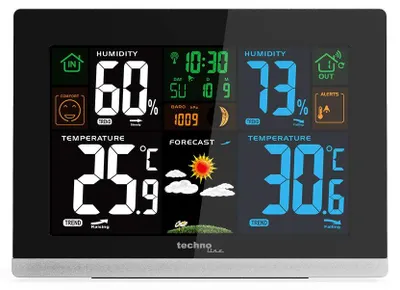Immagine prodotto di Stazione meteorologica multifunzione con sensore di temperatura interna, temperatura esterna, umidità, pressione atmosferica e display a colori, ideale per