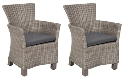 Two outdoor chairs with cushions, displayed against a white background.