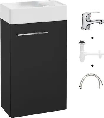 Produktbild von Schwarzer hängender Badezimmerschrank mit 60x40 Waschbecken und kleinem Chrom-Kompakthahn