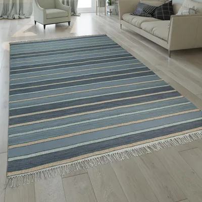 Produktbild von Natur Teppich Wolle Modern Handgewebt Gestreift Kelim Design Fransen Blau Beige Grösse 120x170 cm