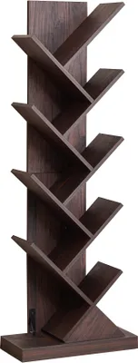 A dark brown, tree-shaped bookshelf with multiple shelves, standing upright against a white background.