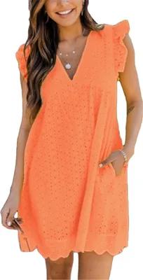Produktbild von ASKSA Damen Elegant Rüschen Kleider Integriertem Shorts Sommer V-Ausschnitt Minikleid Kleid mit Taschen, Orange, S