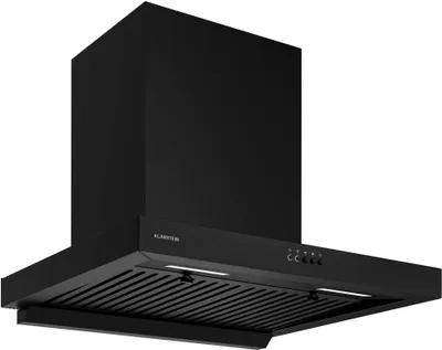 A black kitchen range hood is shown against a white background.