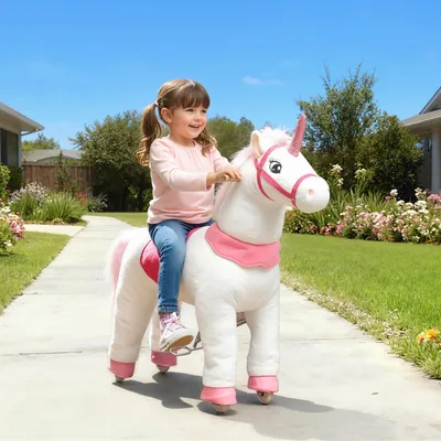 Produktbild von Schaukelpferd Einhorn, Stehpferd mit Plüschbezug, Reitpferd Kinder, Weiß+Rosa | 96 x 36 x 96 cm | Metallrahmen | 3–5 Jahre
