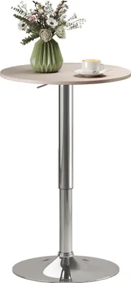 Image de Table de bar ronde - table haute - hauteur réglable 67-93 cm - pivotant à 360° - plateau Ø60 cm - pied rond en métal chromé - bois naturel