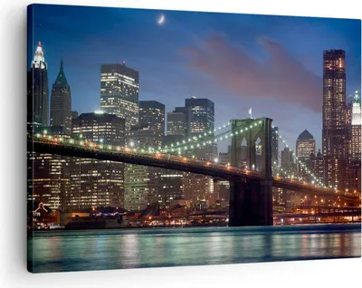 Produktbild von Bild auf Leinwand - Leinwandbild - Brooklyn brücke nacht new york city - 70x50cm - Wand Bild - Wanddeko - Leinwanddruck - Bilder - Kunstdruck - Leinwand bilder - Wandkunst - AA70x50-0512
