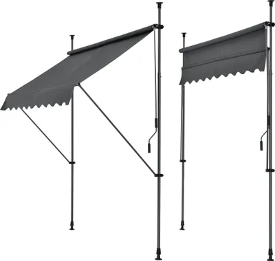 Two grey awnings are shown against a white background. One awning is extended and angled downwards, supported by poles. The other awning is retracted and horizontal, also supported by poles.