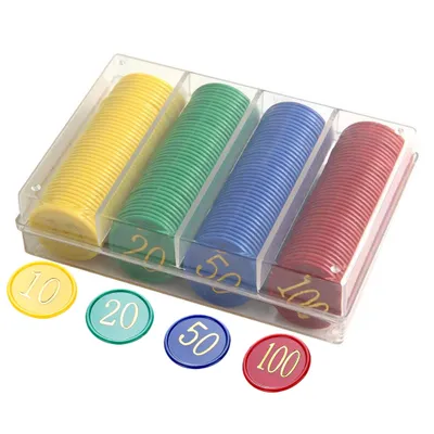 Produktbild von Poker Chips 160 Stück, Kunststoff, 38 mm Durchmesser, Goldbedruckt Mit Werten 10 20 50 100, Für Brettspiele Und Mathematikunterricht