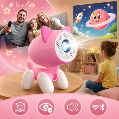 Produktbild von Kiano Kinder Lernprojektor Katze HD 720p – Android 13, WiFi Bluetooth, 50–150 Zoll, AirPlay Miracast, leise, pädagogisch, Augenschonend Lernen, KI-generiertes Bild