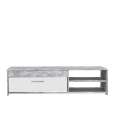 A modern TV stand with a concrete-effect finish and a white drawer.
