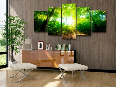 Produktbild von Akustikbild Wald Natur 200x100 cm Bilder Akustikschaum Hochleistungsschallabsorber Schallschutz Leinwand 5 tlg Wandbild Raumakustik Schalldämmung c-A-0082-b-o