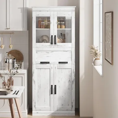 Image de Armoire de rangement en bois - Armoire haute - Autoportante - 4 portes + 1 tiroir - Étagères réglables - 60 x 30 x 170 cm - Blanc rétro