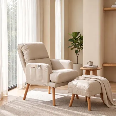Produktbild von Relaxsessel mit Hocker Verstellbare Rückenlehne Weiß für Wohnzimmer und Schlafzimmer, TV-Sessel Fernsehsessel mit Liegefunktion Polstersessel und Hock, KI-generiertes Bild