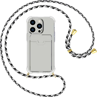 Produktbild von Handykette Backcover-Schutzhülle mit Band (Metall goldfarben) für Apple iPhone 15 Pro - schwarz/grau/weiß