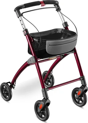 Produktbild von ELONEO Wohnungsrollator 54cm breit, faltbar und leicht, inkl. Tablett & Stoffkorb, Rollator schmal für die Wohnung, Indoor-Rollator, klappbar, Aluminium,Mobilität für Zuhause rot