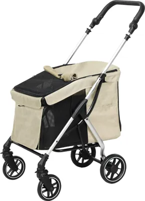 Obrázek produktu pro Kočárek pro psy, lehký kočárek pro psy z hliníku, skládací pro psy a kočky do 10 kg, kočárek pro kočky s polštářky, síťovaná okna, dveře, úložný košík, kočárek pro kočky, buggy, khaki Aosom