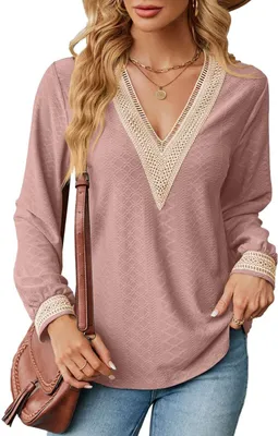 Image de ASKSA Femme Col V Manches Longues T-shirt Elégant Blouse Epissure Dentelle Casual Manches Longues Tunique Tops, Rose Clair, L