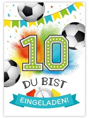 12 Einladungskarten Fußball zum 10. Kindergeburtstag