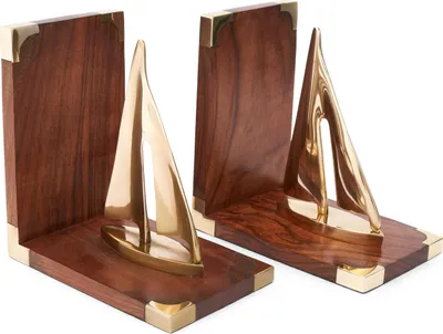 Produktbild von 1 Paar Maritim Buchstützen Segler 30,5x10x17cm aus Messing gold und Holz