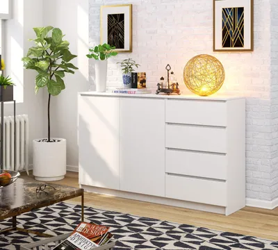 Produktbild von Kommode – Schubladenkommode – Sideboard mit 2 Türen 4 Schubladen – 160 cm – Weiß – Stilvolle Aufbewahrung mit großzügigem Stauraum