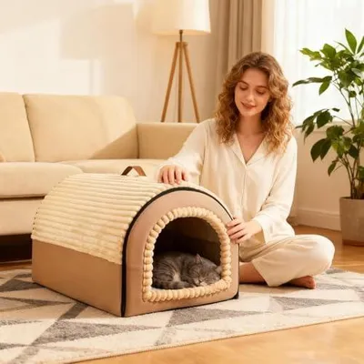 Produktbild von Geschlossenes Katzenbett mit abnehmbarem Unterschlupf, waschbares Katzenhaus für Welpen, Kätzchen und Kleintiere zu Hause, im Wohnzimmer, Schlafzimmer oder Spielbereich
