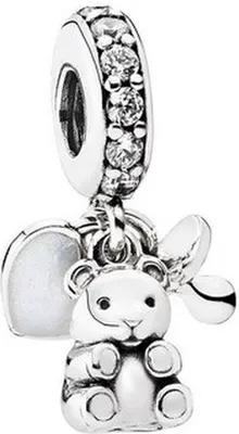 A close-up studio shot of a silver charm with a teddy bear and pacifier design.
