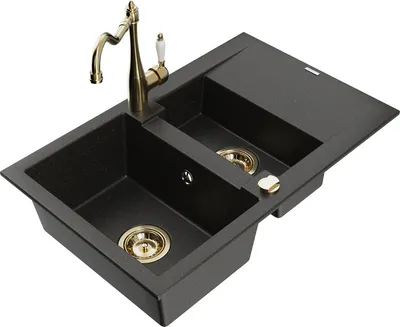 Produktbild von Mexen Gaspar 1,5-Becken-Granitspüle mit Abtropffläche und Mischbatterie Carla, Schwarz/Gold metallisch - 6507-75-670700-50