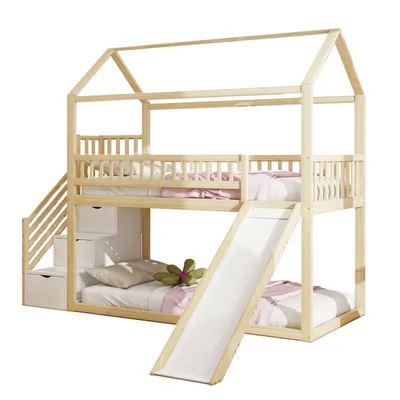 Produktbild von Kinderetagenbett 90*200cm, Hochbett(Holzfarbe)mit Rutsche und Stauraumleiter, hohe Zaunkonstruktion, Massivholzbettrahmen, Lattenrost