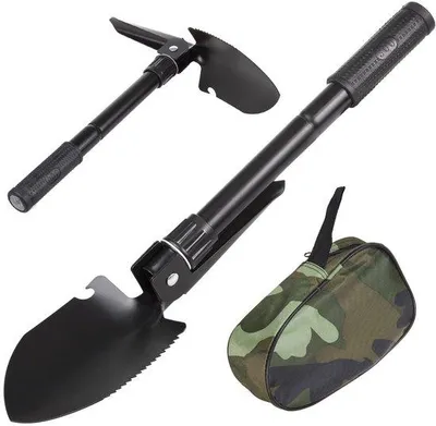 Produktbild von Unyqoos® Multifunktions-Klappschaufel 41 cm, Stahl, mit Kompass, Säge, Hacke, Flaschenöffner, rutschfester Griff & Aufbewahrungstasche für Camping