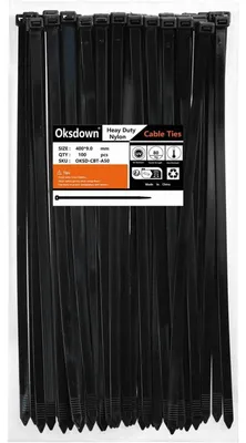 Obrázok produktu pre Stiahovacie pásky, 400 mm x 9,0 mm, čierna, 100 kusov, UV odolné, pevnosť v ťahu 80 kg, nylon
