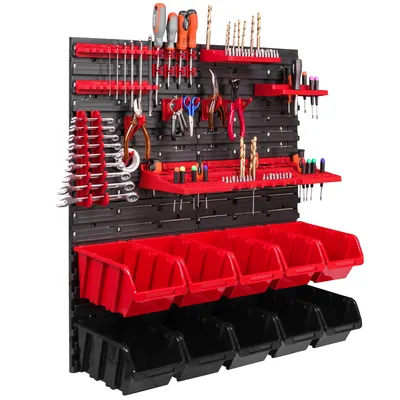 Produktbild von 10 Stapelboxen Werkzeughalter Wandregal Werkstattregal Werkzeugwand 78x78cm Werkzeughalter Lagersystem Schüttenregal Sichtlagerkästen Extra Starke Wandplatten Regal Erweiterbar Werkstattregal Lagerre