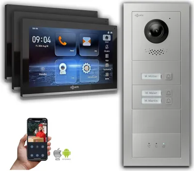 Produktbild von Goliath IP Video Türsprechanlage: 10-Zoll 3Familienhaus, Anzeige, Silber : 10 Zoll Schwarz : 4er POE : Aufputz Dose Anschluss: 4er POE Monitor Farbe: 10 Zoll Schwarz Montage: Aufputz Dose