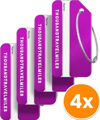 Produktbild von Aluminium Kofferanhänger Set 4 Stück – Gepäckanhänger mit Adressschild für Reisegepäck – Lila – kompakt und wiederverwendbar – Thousandtravelmiles