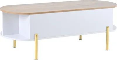 Produktbild von Sweiko 120x50x43cm Couchtisch Wohnzimmertisch Kaffeetisch mit Höhenverstellbarer Platte,Wohnzimmertische, Beistelltische, Sofatische mit verstecktem Stauraum,kaffetisch mit 7 Ablageflächen,Holzfarbe+Weiß