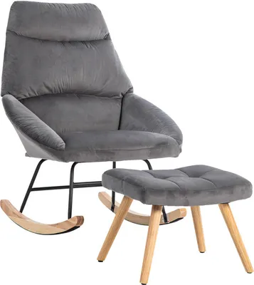 Image de Fauteuil à bascule ergonomique gris avec repose-pieds, fauteuil de détente confortable avec accoudoirs, hauteur 97 cm, largeur d'assise 48 cm, cadre en bois caoutchouté stable, charge maximale 113 kg