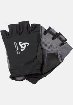 Schwarze und graue Odlo Active Rennradhandschuhe mit kurzen Fingern und weißem Logo auf dem Handrücken