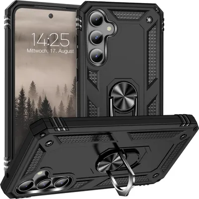 A black rugged phone case with a ring stand is displayed from multiple angles against a white background.