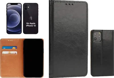 Produktbild von OLLI BookCase - für Apple iPhone 12 – REAL LEATHER black, aus handgefertigtem, schwarzen Echtleder