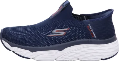 A side view of a blue Skechers running shoe with a white sole.