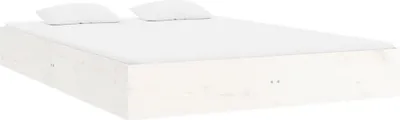 A white wooden bed frame with two white pillows on a white background.