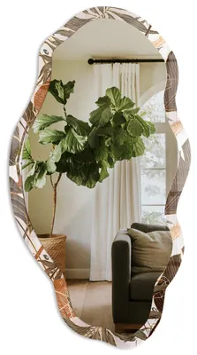 Produktbild von Asymmetrischer Wandspiegel mit Druck – 90x45 cm – unregelmäßige organische Form – moderner Dekospiegel – für Wohnzimmer, Flur und Schlafzimmer - Tropische Blätter, KI-generiertes Bild