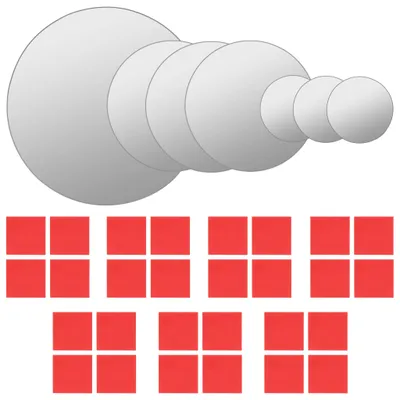 A set of round mirrors of decreasing size arranged horizontally above a grid of red squares.