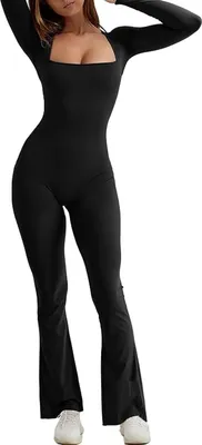 Produktbild von Jumpsuit Damen Quadratischer Ausschnitt Weites Bein Bodenlang, 1 Stück, Langarm, Figurbetonend, Für Herbst Winter Und Alltag