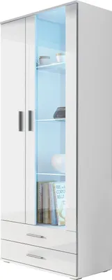 Obrázek produktu pro Nábytek24 Vitrína s modrým LED osvětlením SOHO S6 Vitrína Podlahová skříňka Úložná skříňka Prosklená skříňka Skříňka do obývacího pokoje Bílá/bílá vysoký lesk