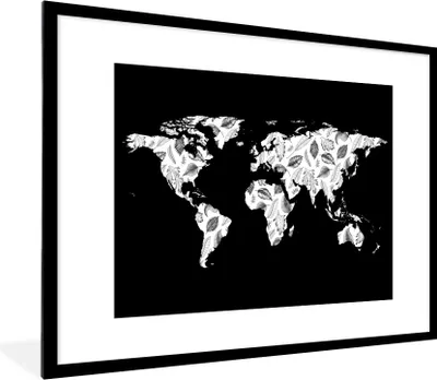 Produktbild von MuchoWow® Gerahmtes Poster Weltkarte - Pflanzen - Schwarz 80x60 cm - Poster mit Schwarzem Bilderrahmen Wandposter Rahmen Foto Bilder - Schlafzimmer-Dekorationen - Fotoposter