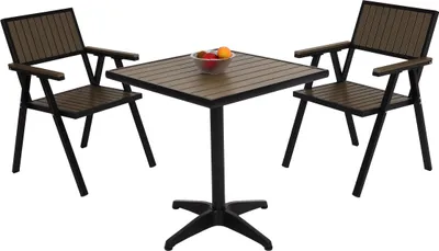 Produktbild von 2er-Set Gartenstuhl+Gartentisch HWC-J95, Stuhl Tisch, Gastro Outdoor-Beschichtung, Alu Holzoptik  schwarz, grau