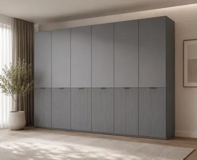 Produktbild von MOEBLO Drehtürenschrank Minewra Nova 300 cm, Falttürenschrank 6-türig, Schrank mit Einlegeböden und Kleiderstange, Schlafzimmer - Grau
